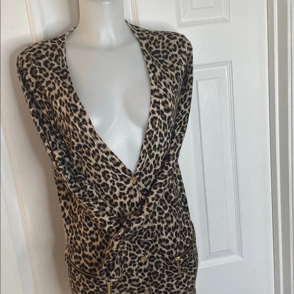 MICHAEL KORS ANIMAL PRINT LONG SLEEVE LONG CARDIGAN WITH LOGO ZIPS & BUTTONS M